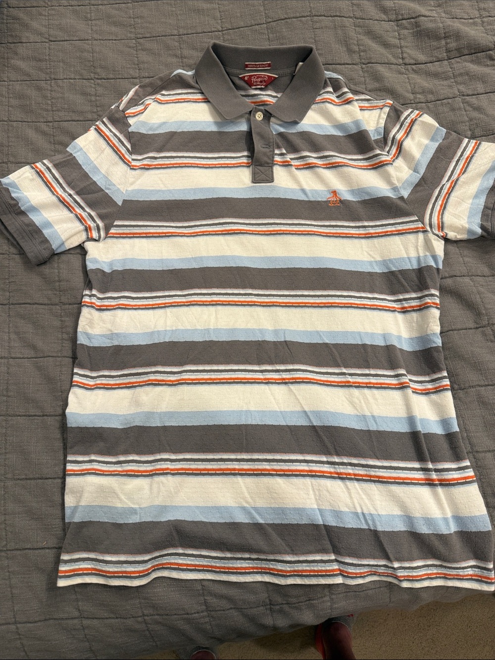 Original Penguin Gray, Light Blue, White & Orange Striped Polo